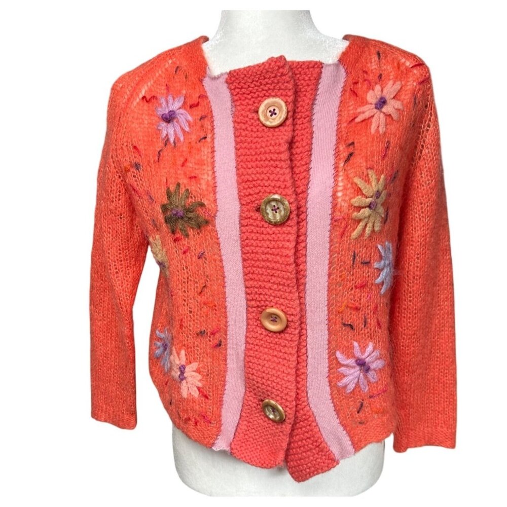 Free People Cropped Knit Cardigan Sweater Medium Embroidered Wool Mohair Floral